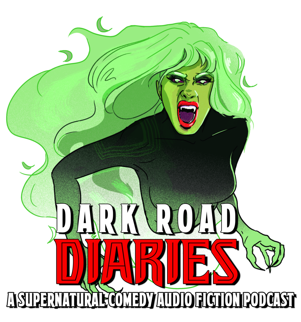 Drawing of a female ghoul with green hair, green face wearing a black shirt and white wispy smoke for a lower body. Dark Road Diaries - a supernatural comedy audio fiction podcast.