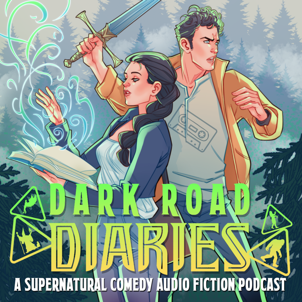 Square shaped drawing of Jack holding a sword up in the air poised to attack something and Daria holding a spell book casting a spell with magical wisps of smoke floating out of the top of the book. Forest of trees in the background. Dark Road Diaries - A supernatural comedy audio fiction podcast.