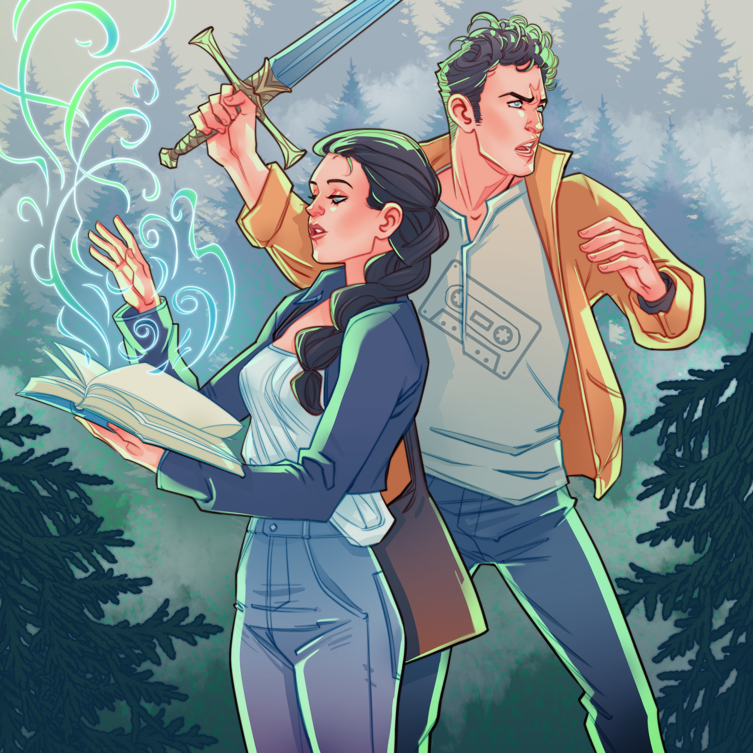 Square shaped drawing of Jack holding a sword up in the air poised to attack something and Daria holding a spell book casting a spell with magical wisps of smoke floating out of the top of the book. Forest of trees in the background. 