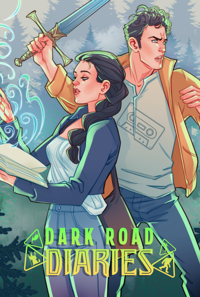 Portrait shaped drawing of Jack holding a sword up in the air poised to attack something and Daria holding a spell book casting a spell with magical wisps of smoke floating out of the top of the book. Forest of trees in the background. Dark Road Diaries show title at the bottom. IMDb formatted Poster-scale.