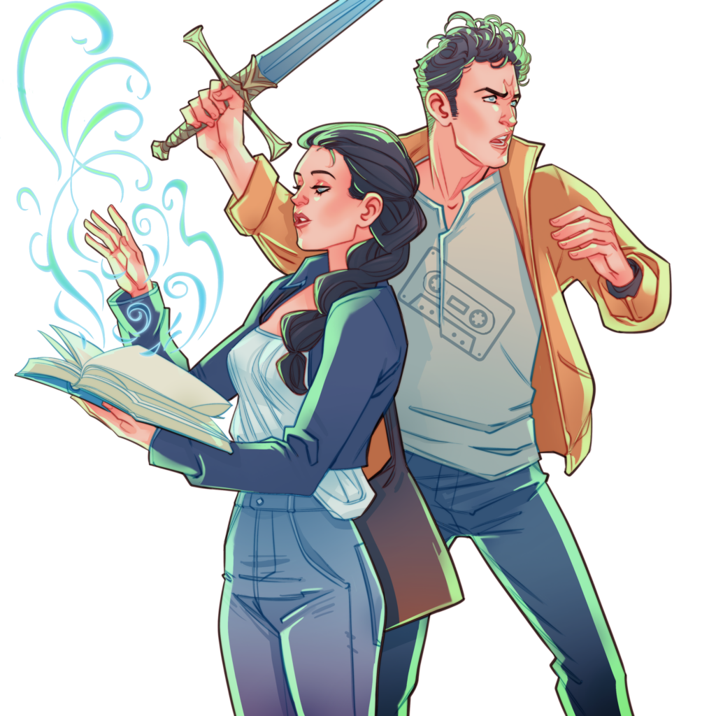 Drawing of Jack holding a sword up in the air poised to attack something and Daria holding a spell book casting a spell with magical wisps of smoke floating out of the top of the book.