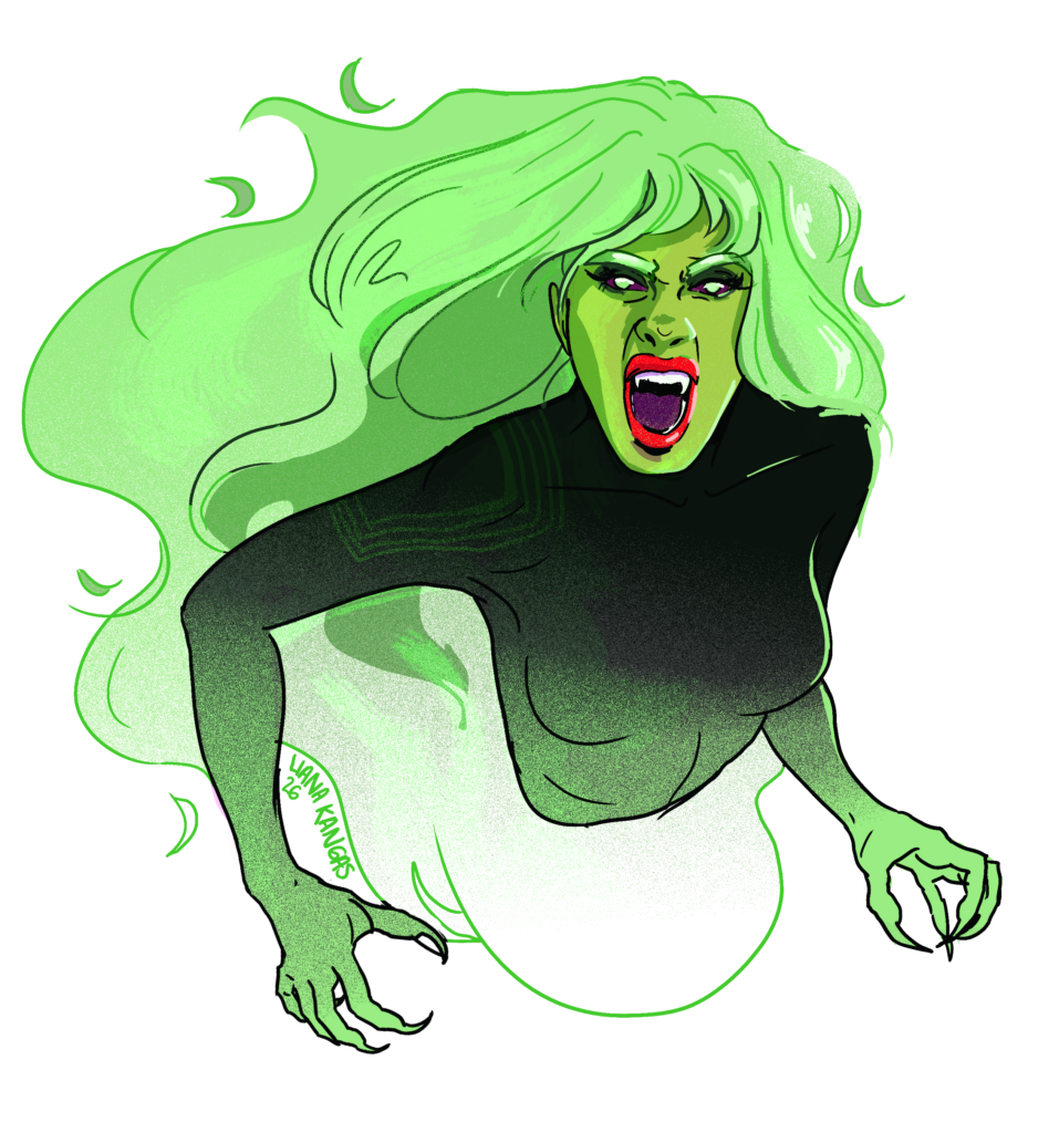 Drawing of a female ghoul with green hair, green face wearing a black shirt and white wispy smoke for a lower body.